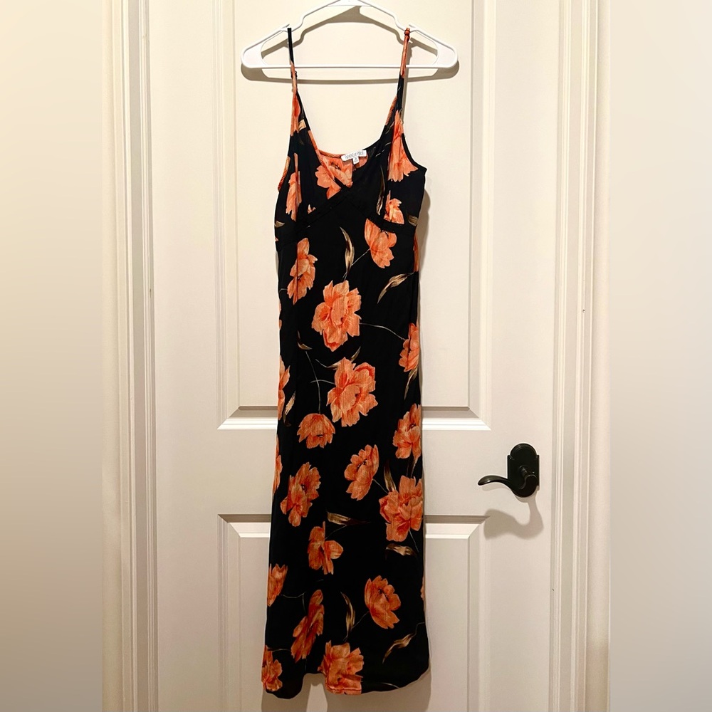 NWOT Floral Black and Coral Sundress Beachy Boho Flowy Lacy Summer Maxi Dress